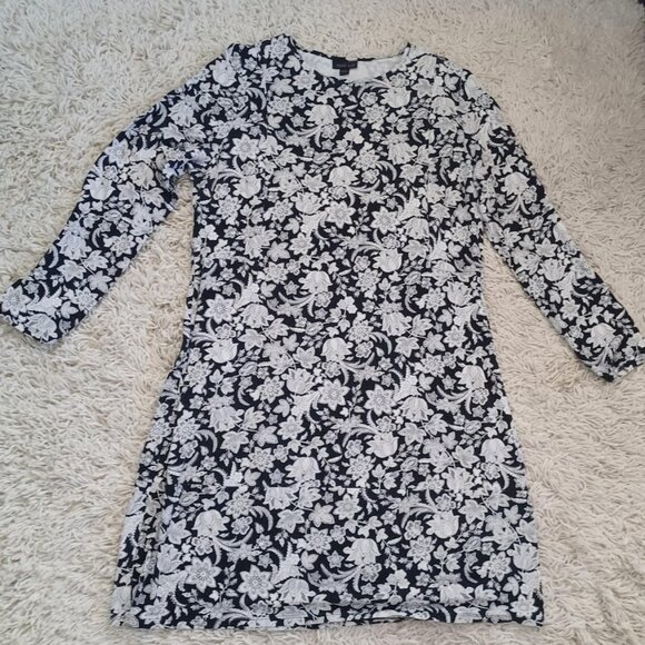 J. Jill Wearever Collection Black White Floral Long Sleeve Stretch Knit Dress L - Picture 2 of 7